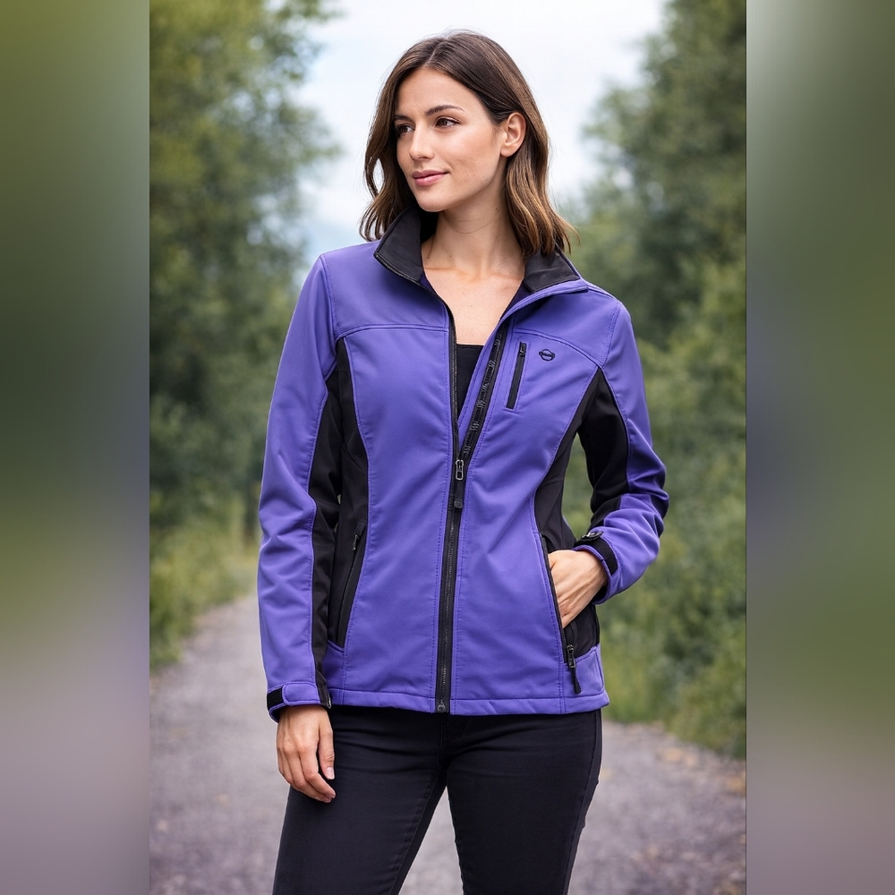 Free Country Softshell Jacket Women’s Small Blue Black Water Resistant Fleece